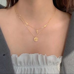 New 18K Gold Vermeil Sterling Silver 925 Cross & Coin adjustable Necklace